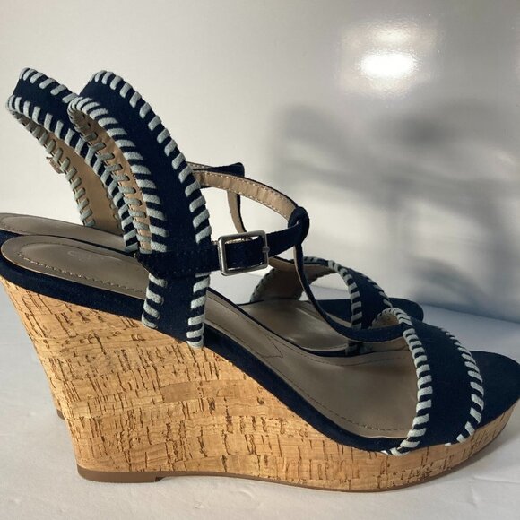 Charles David SZ 9.5 Denim Blue Suede Ankle T-Strap Cork Wedges - Picture 5 of 10